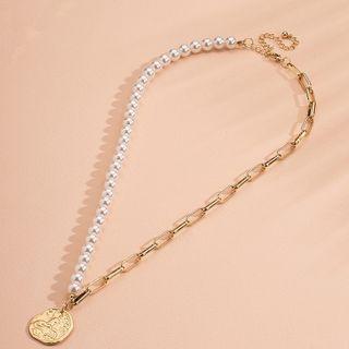 Embossed Disc Pendant Faux Pearl Alloy Necklace X161 - Gold - One Size