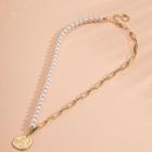 Embossed Disc Pendant Faux Pearl Alloy Necklace X161 - Gold - One Size
