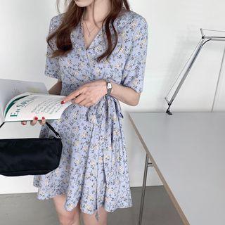 Floral Short-sleeve Wrap Mini A-line Dress