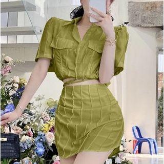 Elbow-sleeve Crop Shirt / Mini Pencil Skirt