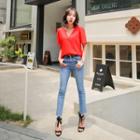 Puff-shoulder Short-sleeve Linen Blend Top
