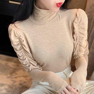 Shirred Sleeve Mock Neck Plain Top