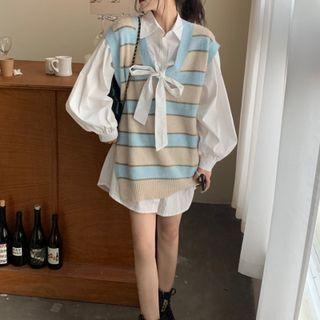 Puff-sleeve Shirt / Striped Sweater Vest