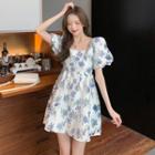 Bubble Sleeve Square Neck Floral Print Mini A-line Dress