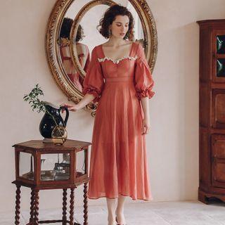 Backless Long-sleeve Midi A-line Dress