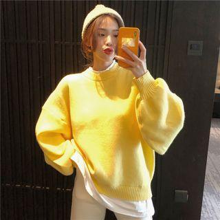 Plain Round Neck Loose-fit Sweater / Color-block Cropped Pants