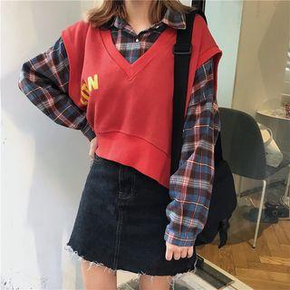 Plaid Shirt Dress / Lettering Vest