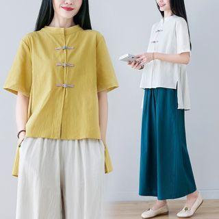 Set: Short-sleeve Cheongsam Top + Wide Leg Pants