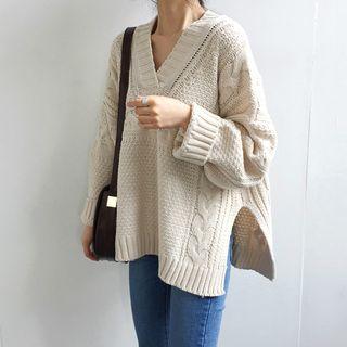 Plain Cable-knit V-neck Loose-fit Sweater