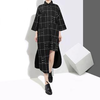 3/4-sleeve Checker Asymmetric Shirt Dress Black - One Size
