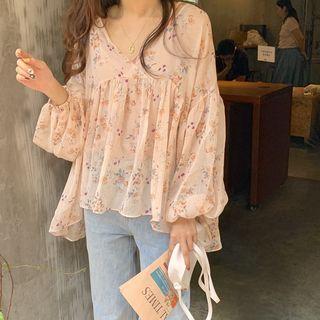V-neck Floral Print Chiffon Top As Shown In Figure - One Size