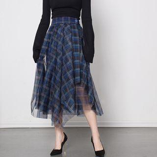 Plaid Irregular Mesh Midi A-line Skirt