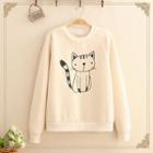 Round-neck Cat Print Fleece-lined Sweatshirt