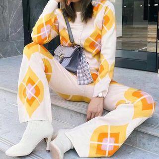 Argyle Knit Flared Pants Argyle - Yellow & White - One Size