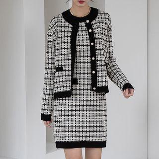 Round-neck Piped Tweed Cardigan Black - One Size
