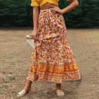 High Waist Floral Print Midi A-line Skirt