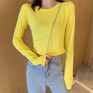 Plain Crewneck Slim-fit Cropped Long-sleeve Knit Top