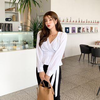 Puff-shoulder Wrapped Peplum Blouse