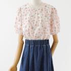 Short-sleeve Floral Top / Denim Midi A-line Skirt