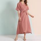 Elbow-sleeve Tie-waist Midi A-line Dress