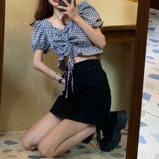 Short-sleeve Plaid Top Plaid - Black - One Size