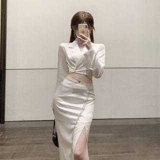 Set : Long-sleeve Plain Cropped Shirt + Rhinestone A-line Midi Skirt