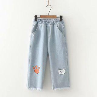 Cropped Cartoon Print Frayed Straight-fit Jeans