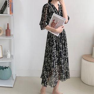 Elbow-sleeve V-neck Floral Midi A-line Dress