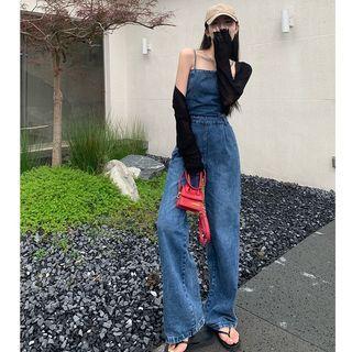 Cutout-waist Denim Jumper Jeans / Light Cardigan