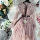Long-sleeve Lace Collared Tiered A-line Midi Dress