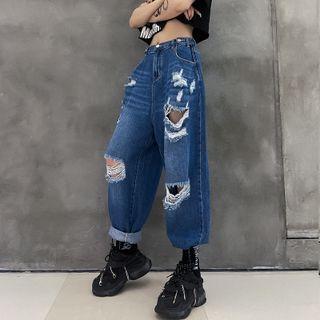 Elastic Waist Over-sized Ripped Jeans Denim Blue - One Size