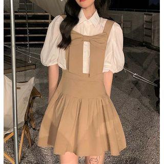 Puff-sleeve Blouse / Bow Mini Overall Dress / Set