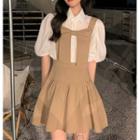 Puff-sleeve Blouse / Bow Mini Overall Dress / Set