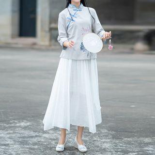 Traditional 3/4-sleeve Flower Print Top / Asymmetric Midi Skirt