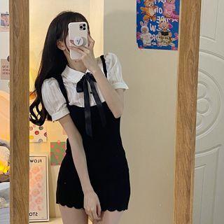 Mock Two-piece Short-sleeve Knit Dress Black & White - M