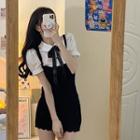 Mock Two-piece Short-sleeve Knit Dress Black & White - M
