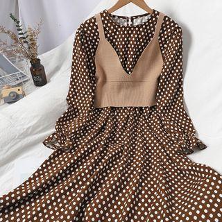 Set: Long-sleeve Dotted Midi A-line Dress + Camisole Top