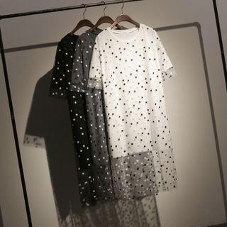 Printed Mesh Overlay Elbow Sleeve T-shirt Dress