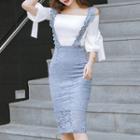 Set: Off-shoulder Elbow-sleeve Top + Lace Suspender Skirt