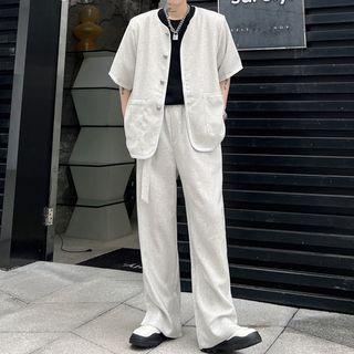 Set: Short-sleeve Button-up T-shirt + Wide Leg Pants