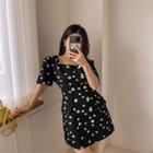 Square-neck Double-button Dotted Dress