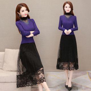 Mock Two-piece Long-sleeve Embellished Lace Midi A-line Dress