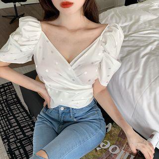 Puff-sleeve Cropped Wrap Blouse White - One Size