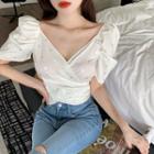 Puff-sleeve Cropped Wrap Blouse White - One Size