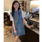 Frayed Denim Mini Overall Dress Denim Blue - One Size
