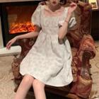 Short-sleeve Floral A-line Dress Gray Print - Milky White - One Size