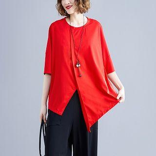 Irregular Hem Elbow-sleeve T-shirt Red - One Size