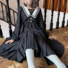 Long-sleeve Sailor Neck Pleated Dress Black - One Size