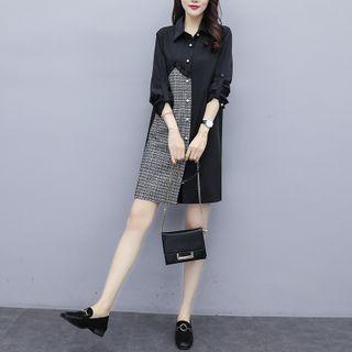 Long-sleeve Plaid Trim Tie-waist Mini Shift Shirtdress