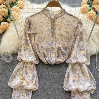 Stand-collar Floral Lantern-sleeve Chiffon Shirt